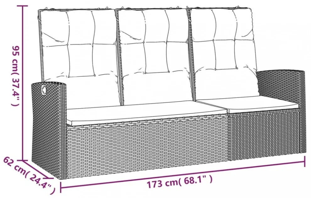 fekete polyrattan dönthető kerti pad párnával 173 cm
