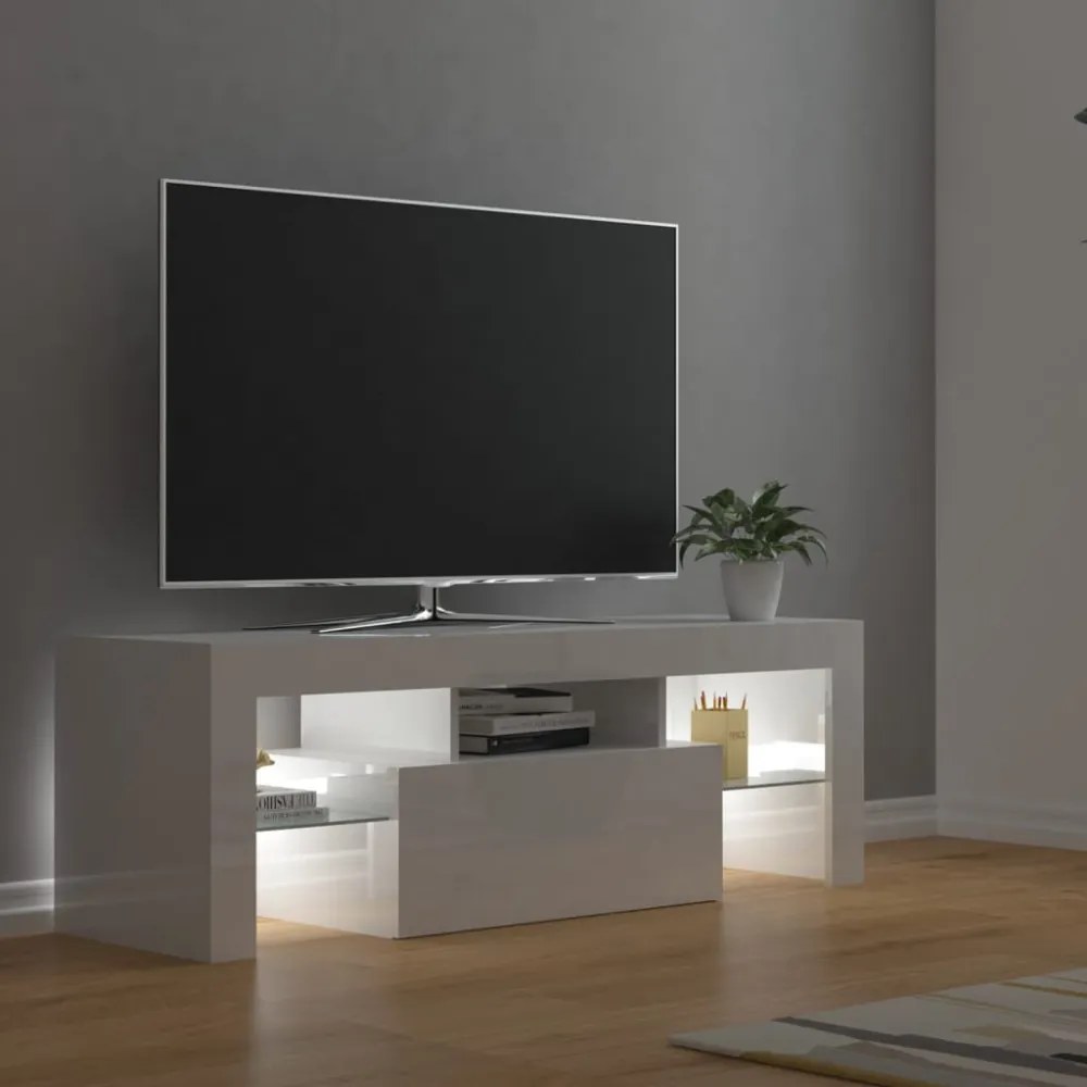 magasfényű fehér TV-szekrény LED-lámpákkal 120 x 35 x 40 cm