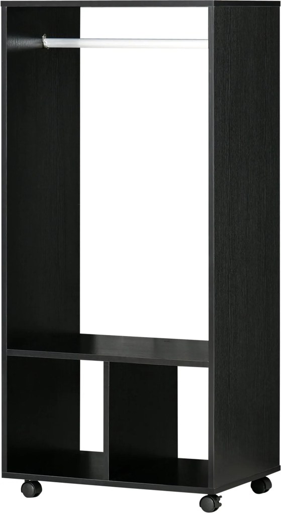 HOMCOM Görgős Szekrény, Nyitott Designú Szekrény Akasztós Rendszerező Polcokkal Hálószobai Ruhákhoz 60x40x128 cm Fekete | Aosom