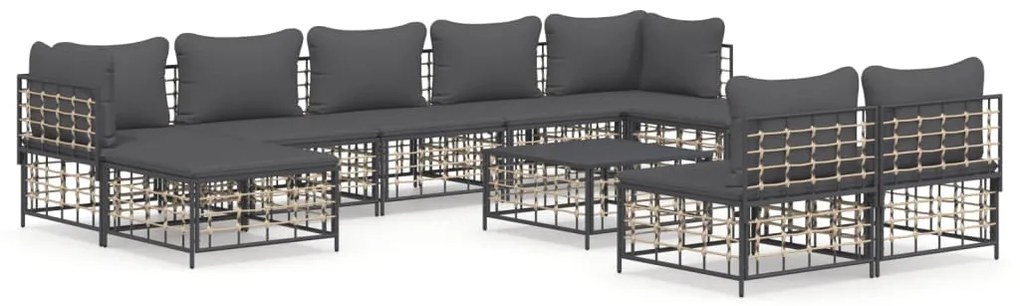 10 részes antracitszürke polyrattan kerti ülőgarnitúra párnával