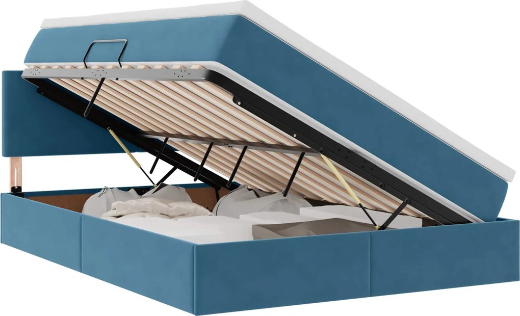 vidaXL Tárolós Ágy matracmal tárolóval Sötét kék 140 x 190 cm Bársony