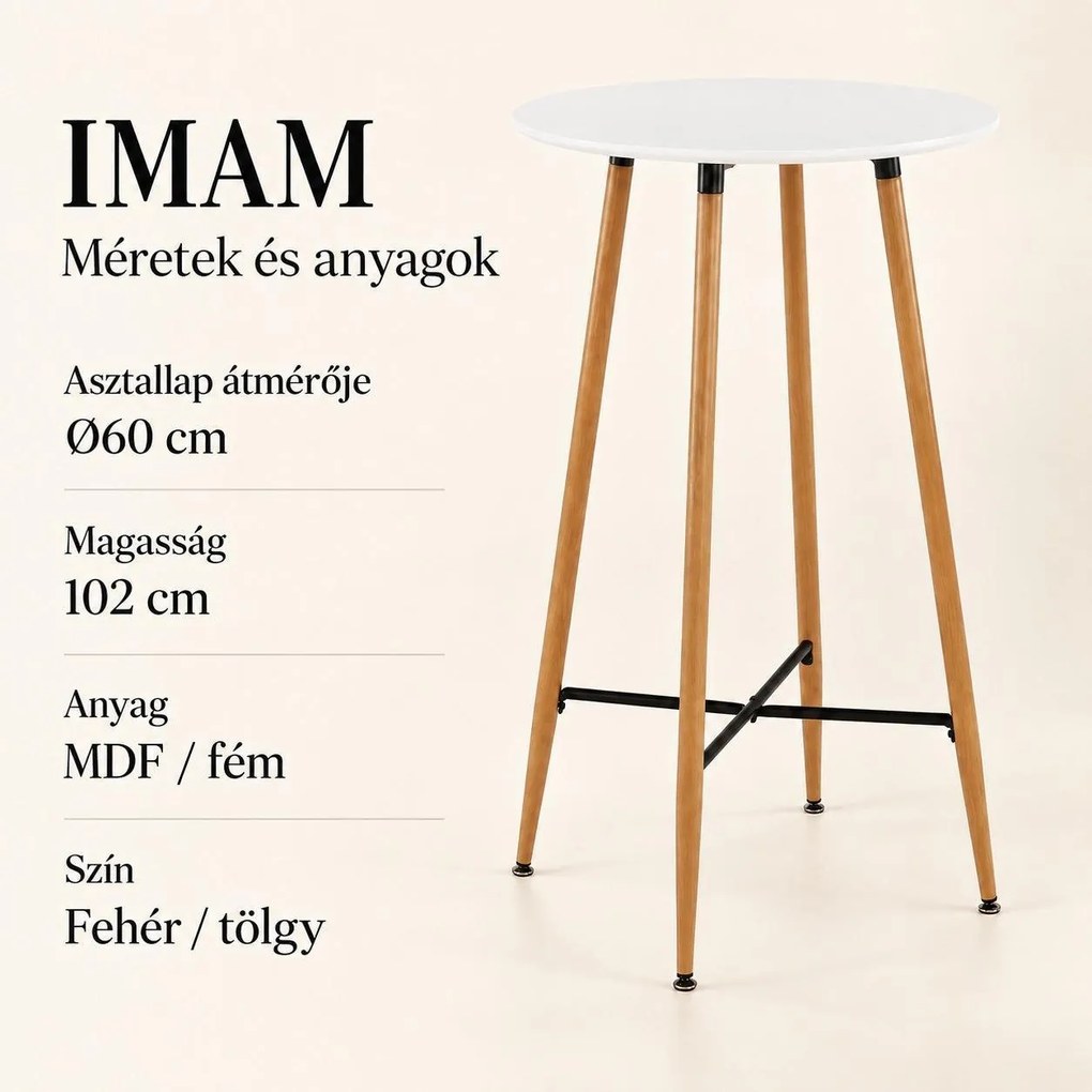 Bárasztal, kerek MDF asztallappal, Ø60 x 102 cm, fehér/tölgy