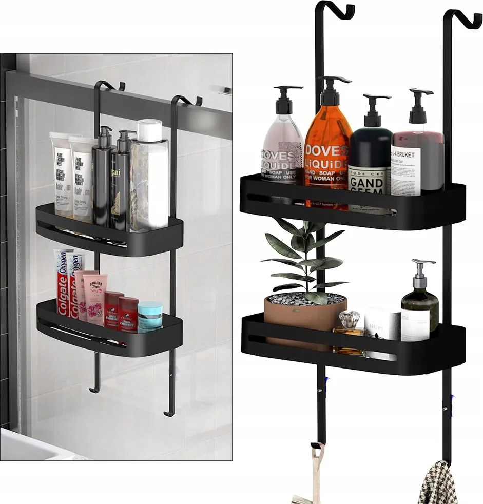 Fém Fürdőszobai Zuhanyüveg Polc Szett, Fekete