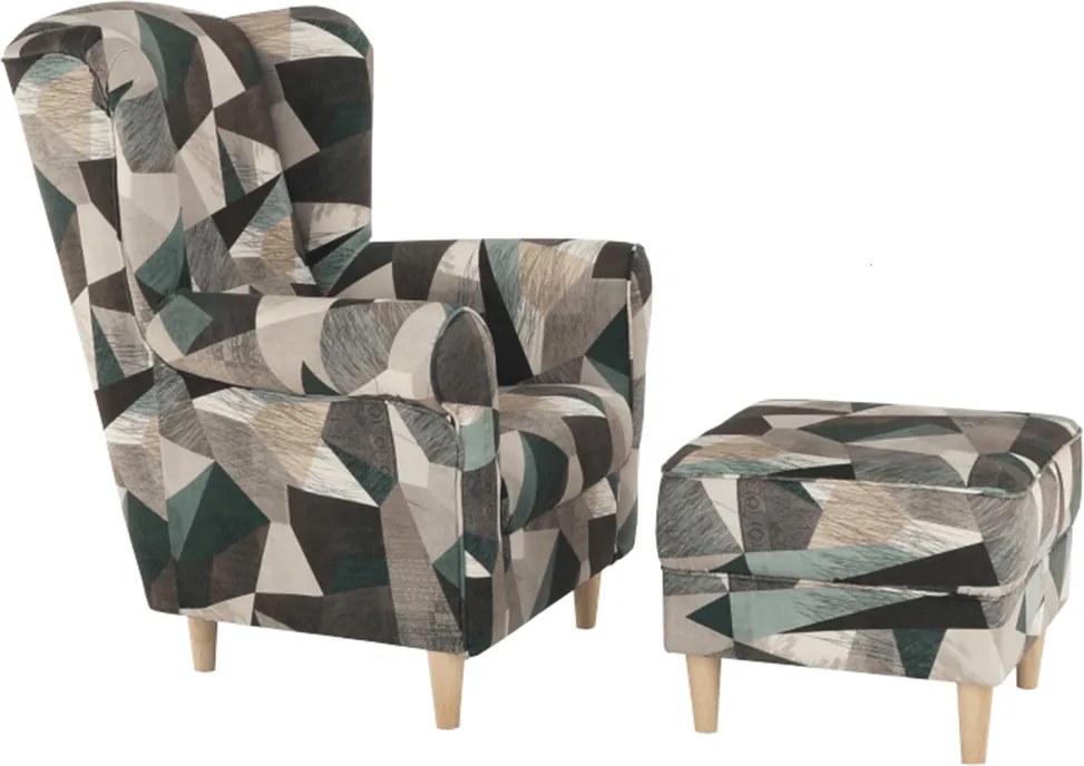 Füles fotel puffal, szövet barna-zöld minta, ASTRID