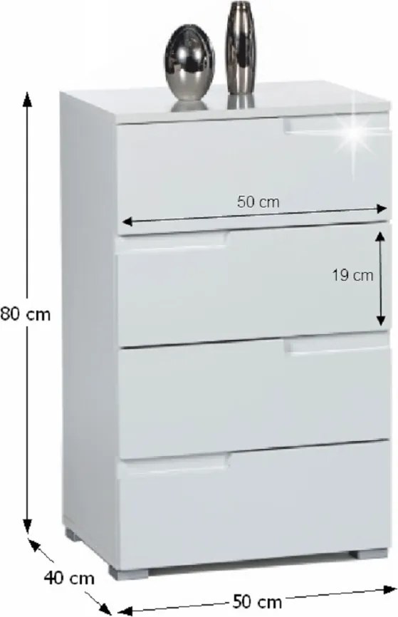 4 fiókos komód, fehér extra magas fényű HG, SPICE 4