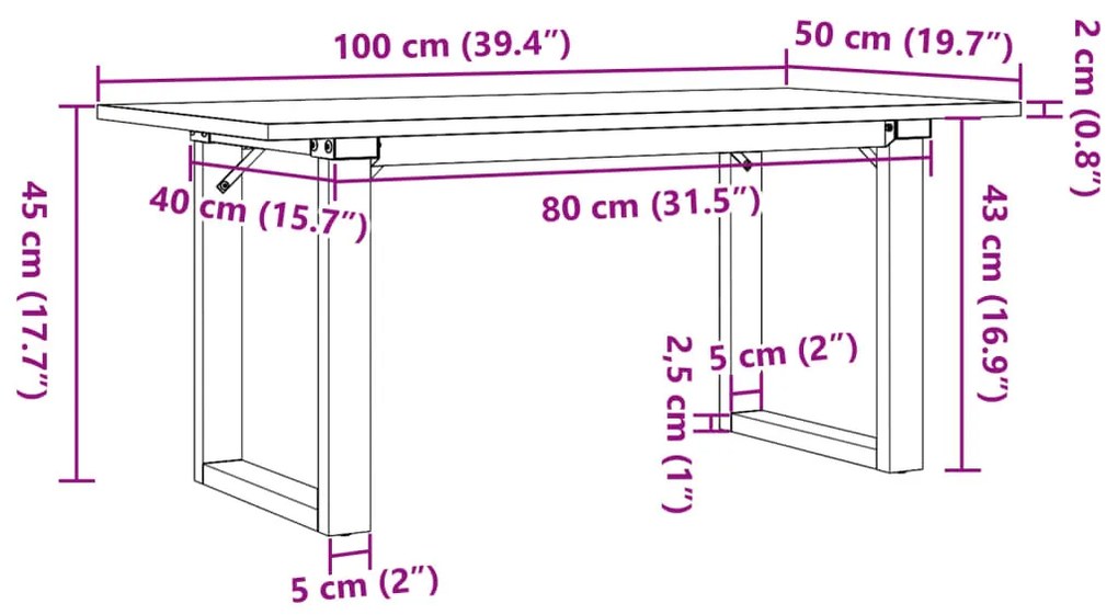 tömör fenyőfa és acél dohányzóasztal O-vázzal 100x50x45 cm