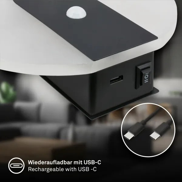 Briloner 3889015 - TARO tölthető LED fali lámpa érzékelővel, 2,5 W/5 V, 1800 mAh, fekete