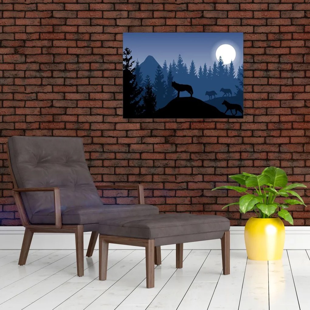Kép - Egy farkasfalka teliholdkor (üvegen) (70x50 cm)