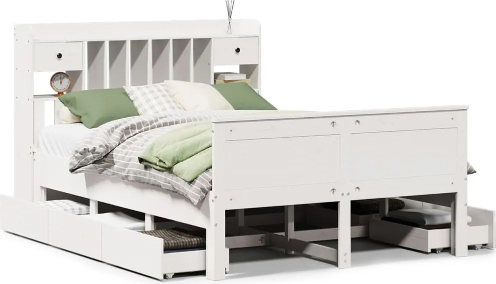 vidaXL fehér tömör fenyőfa könyvespolcos ágy matrac nélkül 140x200 cm