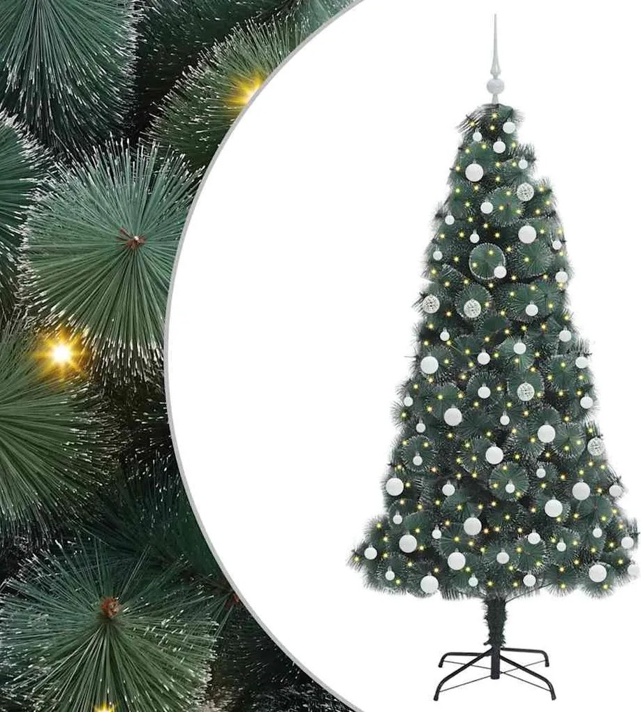 vidaXL Műfenyő LED világítással és gömbszettel Zöld 180 cm PET