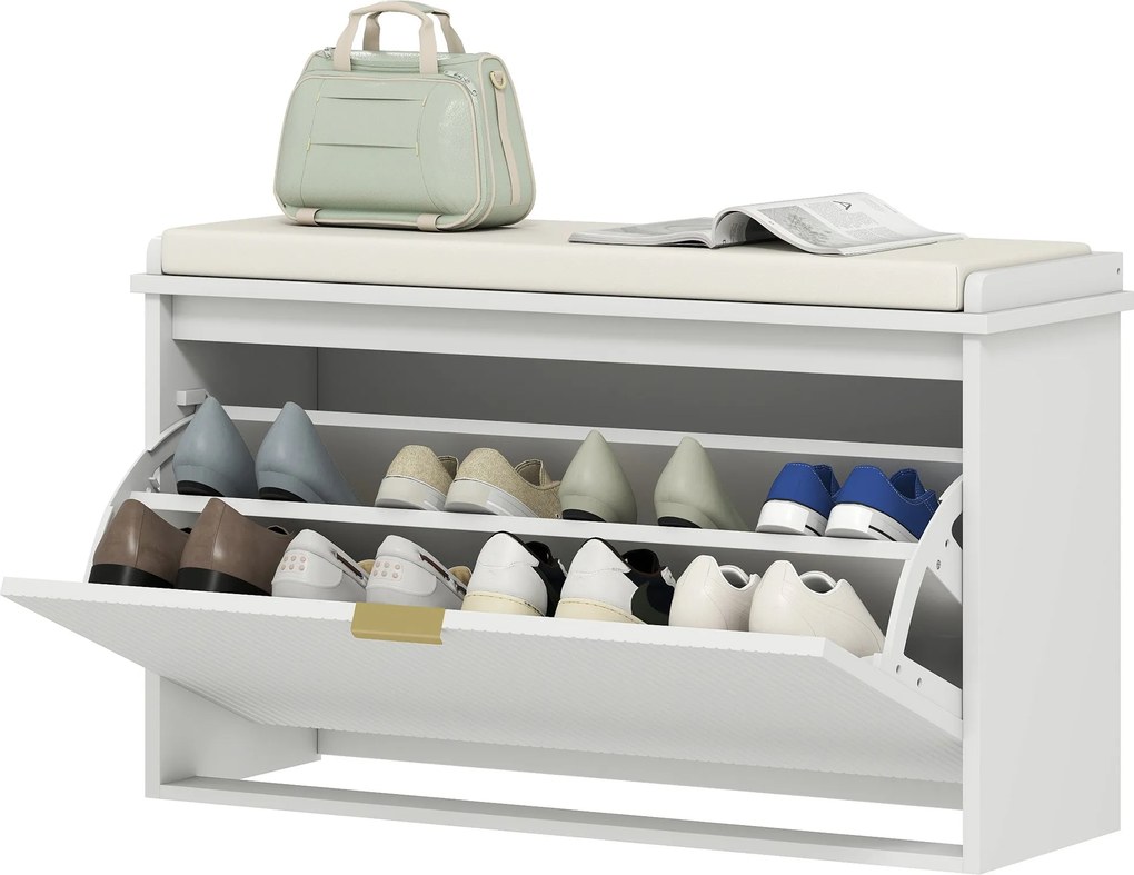HOMCOM Cipőpad Cipőtároló Pad Szűk Előtér Pad Párnázott Ülésű Lepattintható Fiók 8 Pár Cipőhöz Előtérbe Hálószobába 80x26x47.5 cm Fehér | Aosom