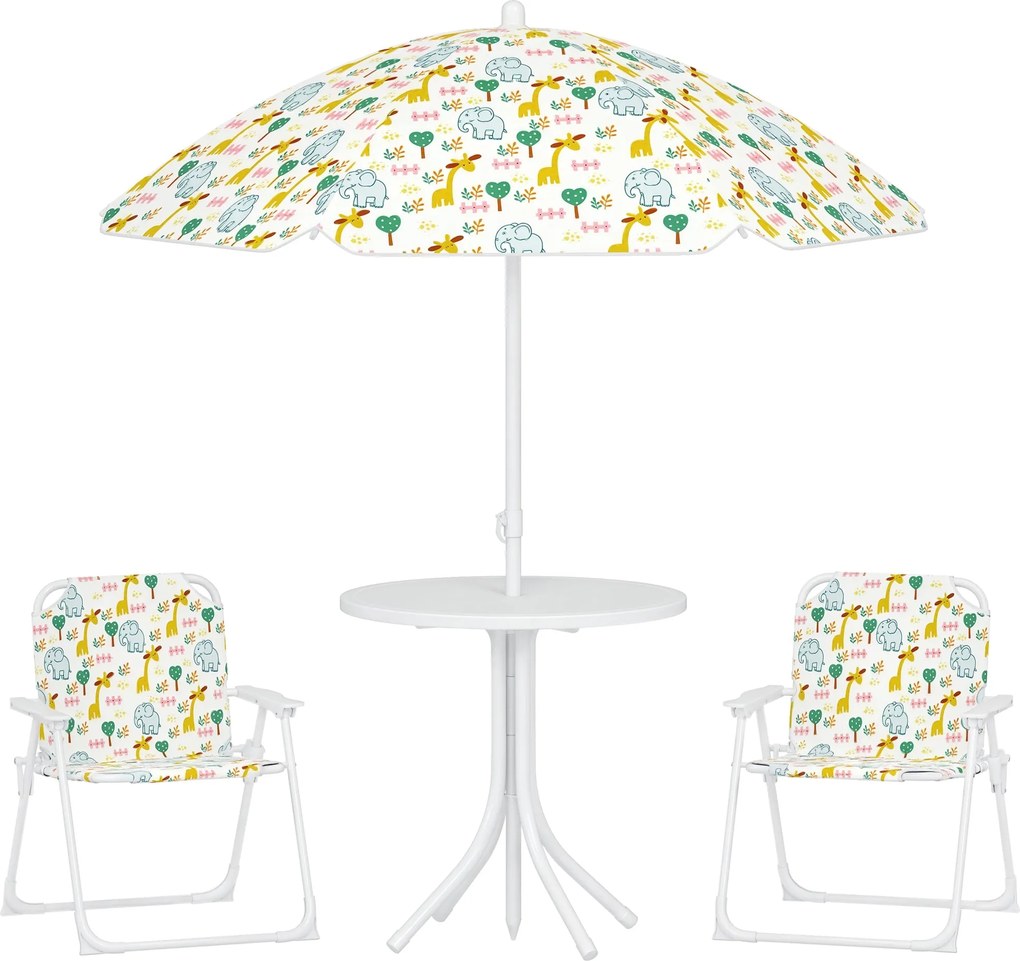 AIYAPLAY Gyerek Ülőgarnitúra Állítható Napernyővel, Gyerekasztallal és 2 Összecsukható Székkel, Kültéri Kerti Bútor, Fehér | Aosom
