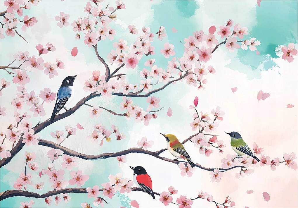 Fotótapéta Madarak Cseresznye Virágok Ágak Falra Hálószoba Nappali 200x140