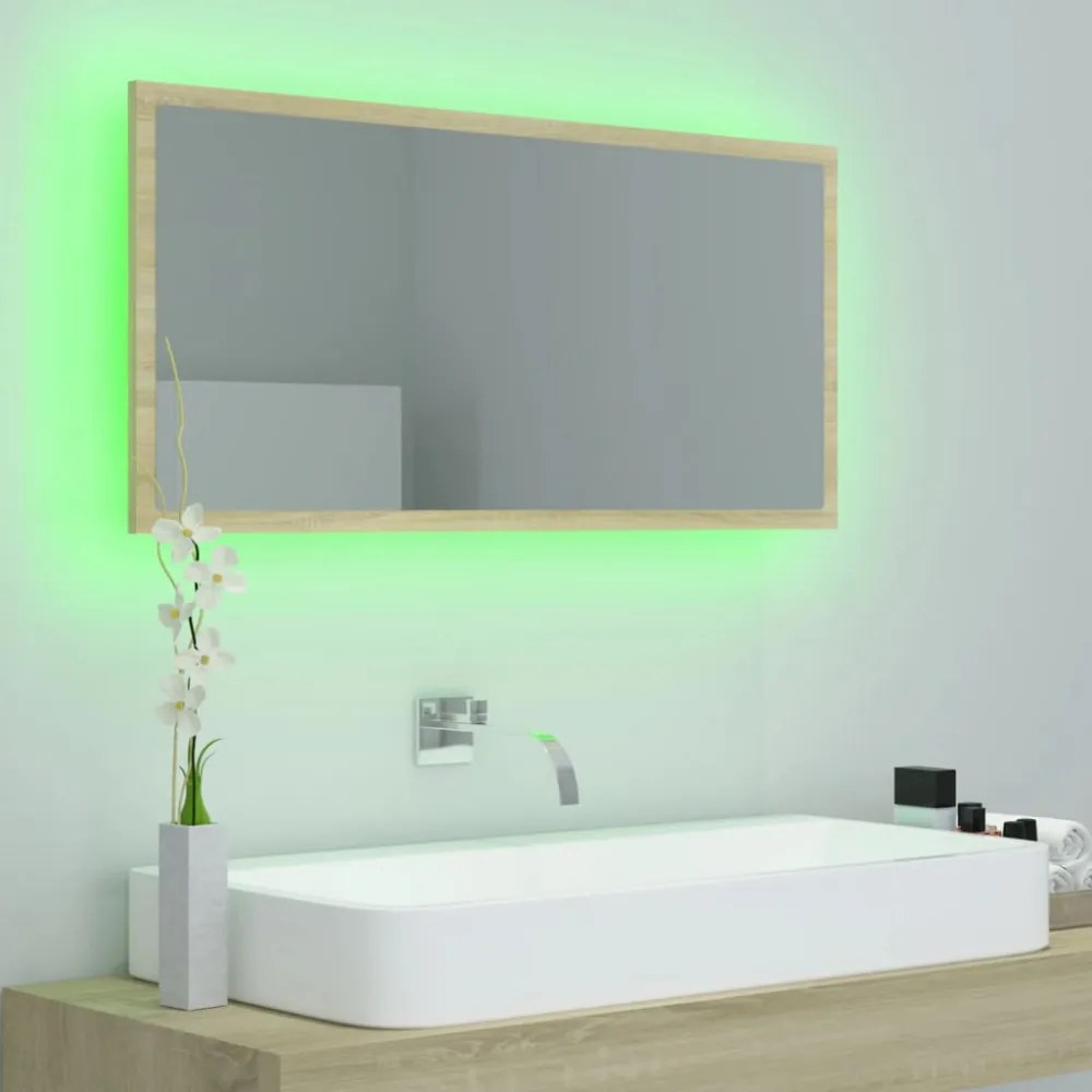 sonoma tölgy akril LED-es fürdőszobai tükör 90x8,5x37 cm