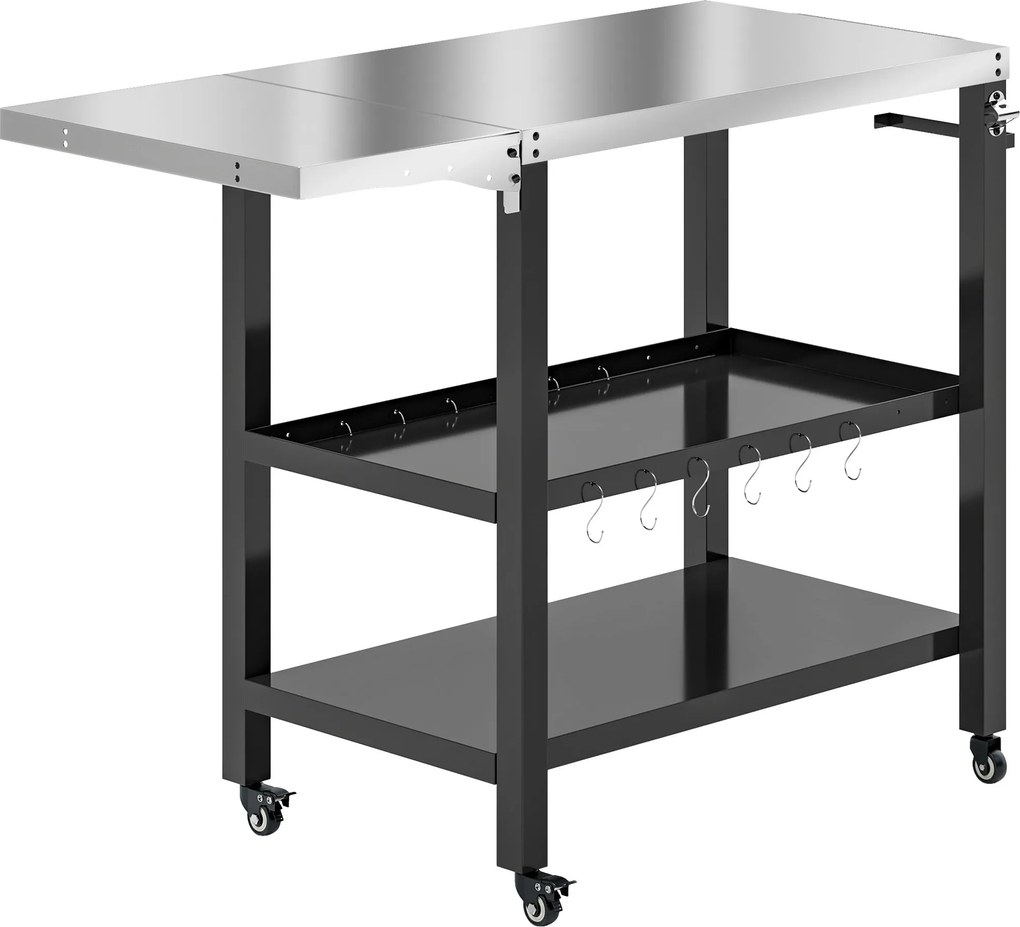 Outsunny 3-Szintes Grillkocsi BBQ Trolley Szolgáltatókocsi Kerekekkel Rozsdamentes Acél Felsőrésszel Összecsukható Oldalsó Asztal és Fogantyú Pizzasüt