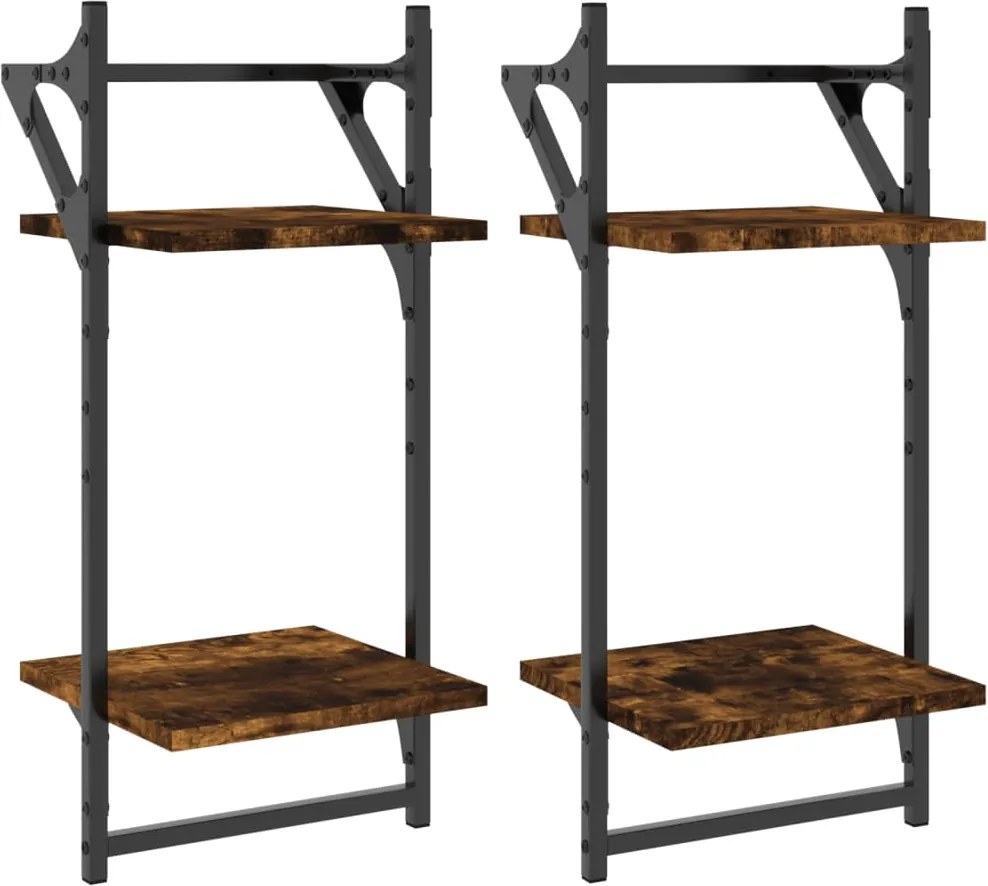 vidaXL 2 db 2 szintes füstös tölgy színű fali polc rúddal 30x25x65 cm