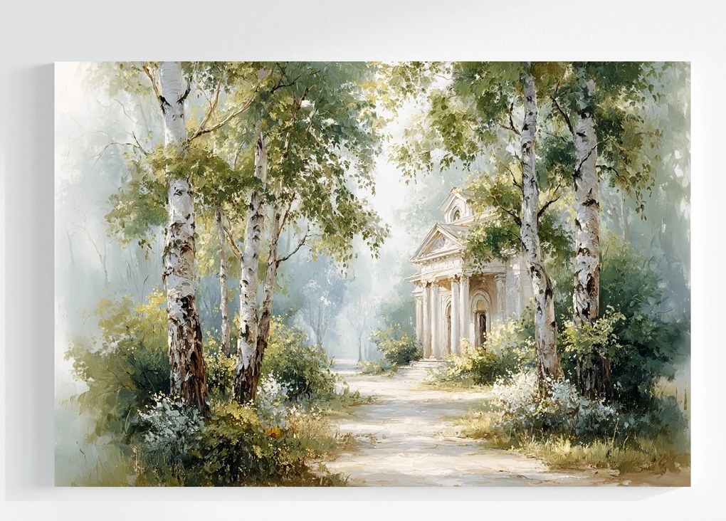 Vászonkép Canvas Tájkép Erdő Park Nyírfa Ösvény Templom 120x80