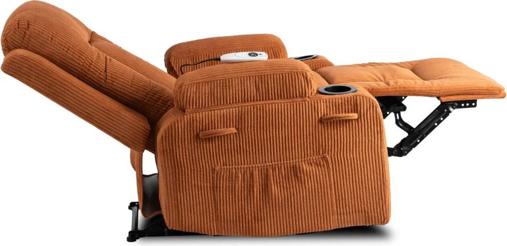 Masszírozós dönthető fotel vörösesbarna színben, kordbársony kárpittal BOX