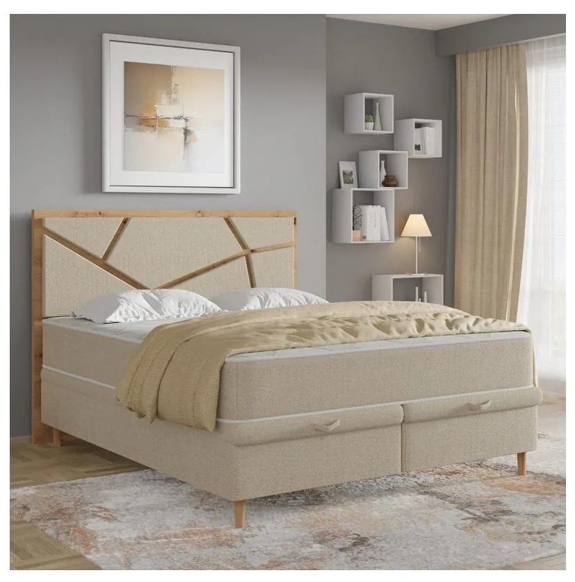 Kárpitozott franciaágy matracokkal és beépített tárolóval NAOMI 160x200 cm, bézs