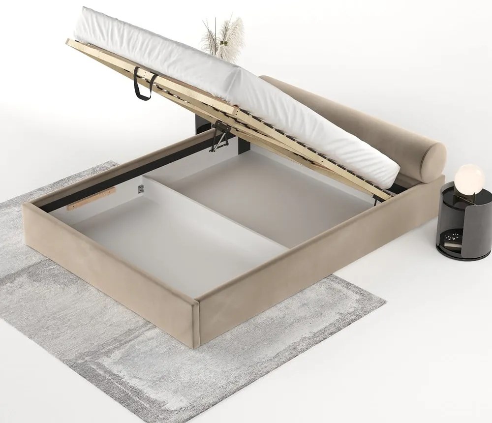 Világosbarna kárpitozott ágyneműtartós franciaágy ágyráccsal 200x200 cm Solvo – Maison de Rêve