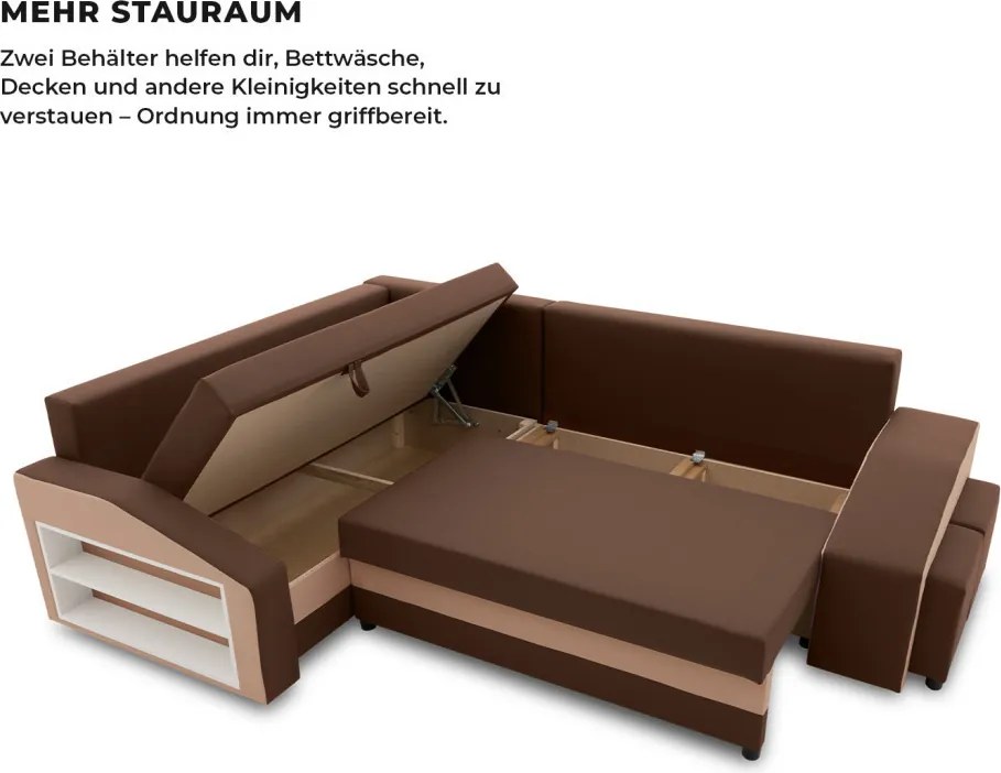 Grande sarokkanapé polcokkal és puffokkal , polc a bal karfaban puffok a jobb karfaban, baloldali, szövet anyag, bonell töltet, barna
