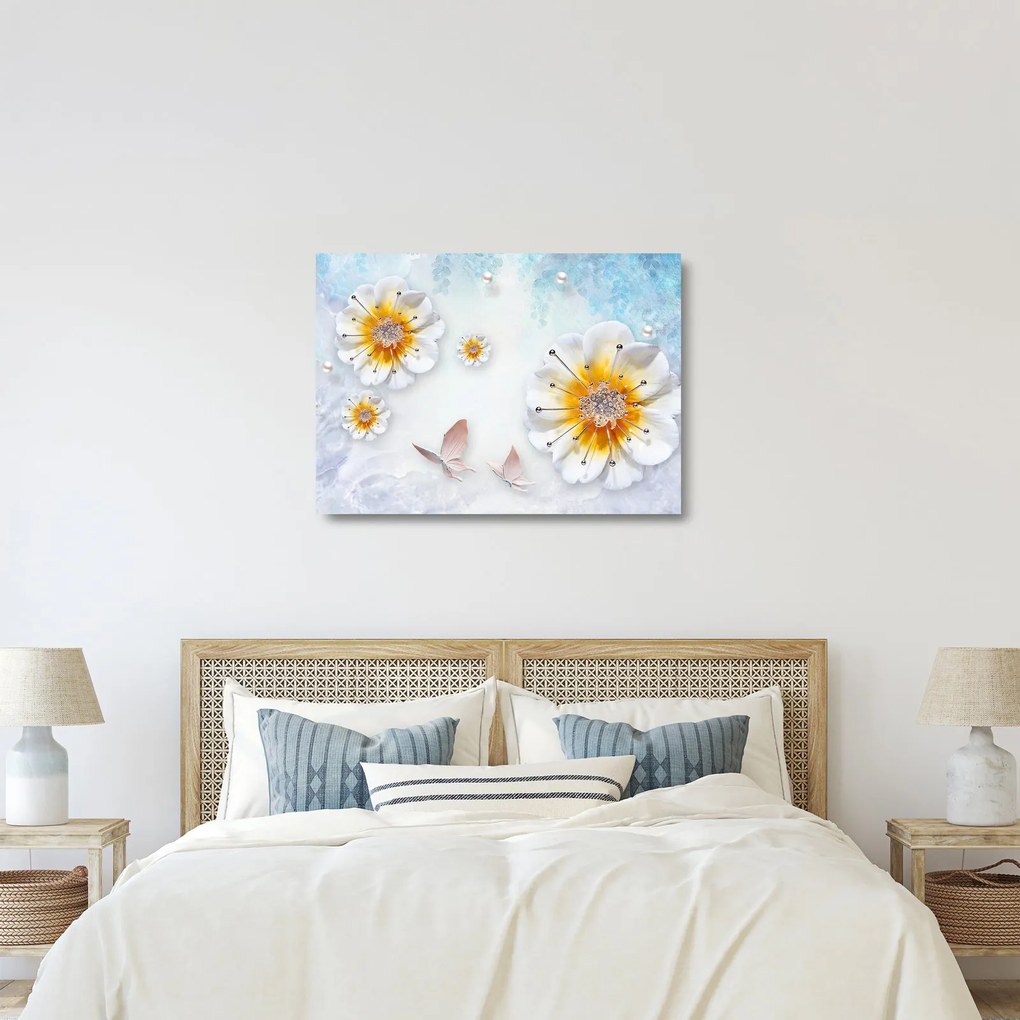 Kép - Kompozíció virágokkal és pillangókkal (üvegen) (70x50 cm)