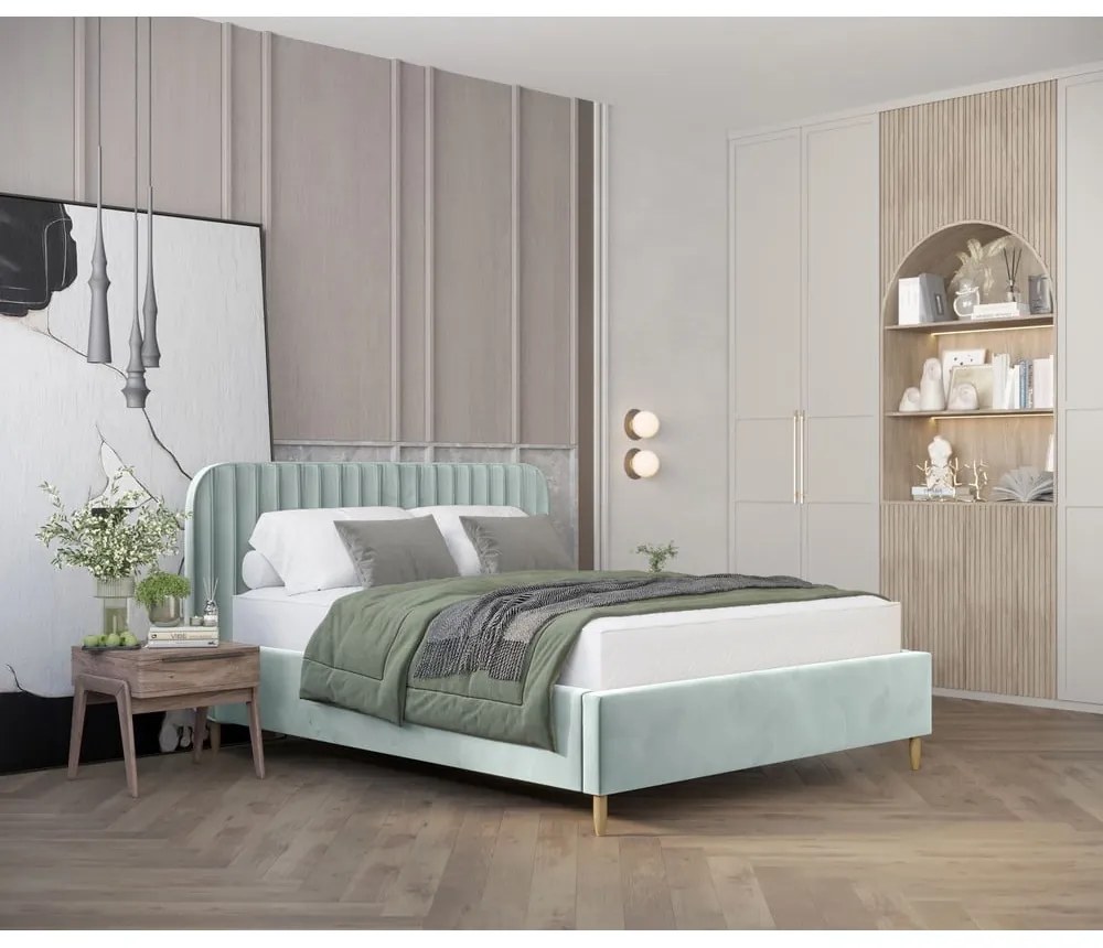 Mentazöld kárpitozott ágyneműtartós franciaágy ágyráccsal 140x200 cm Noto – Maison de Rêve