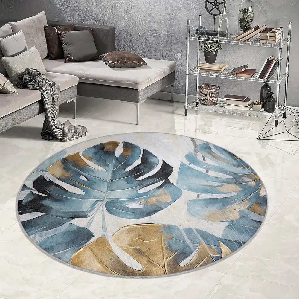 Kék mosható kerek szőnyeg ø 120 cm Golden Leaves – Mila Home