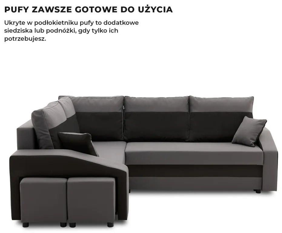 Grande sarokkanapé polcokkal és puffokkal , polc a jobb karfaban puffok a bal karfaban, baloldali, szövet anyag, bonell töltet, szürke - fekete