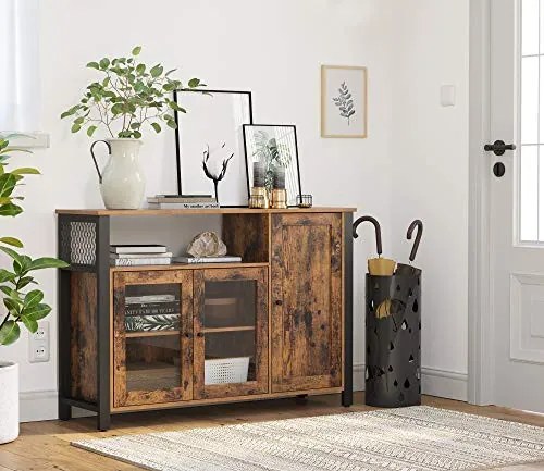 Komód három ajtóval és nyitott polcokkal, rusztikus barna 110x33x75cm