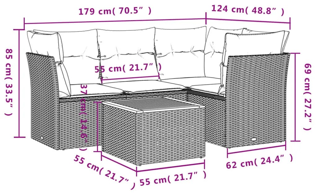 5 részes szürke polyrattan kerti ülőgarnitúra párnákkal