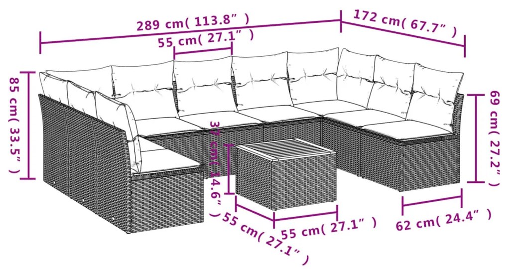 10 részes fekete polyrattan kerti ülőgarnitúra párnákkal