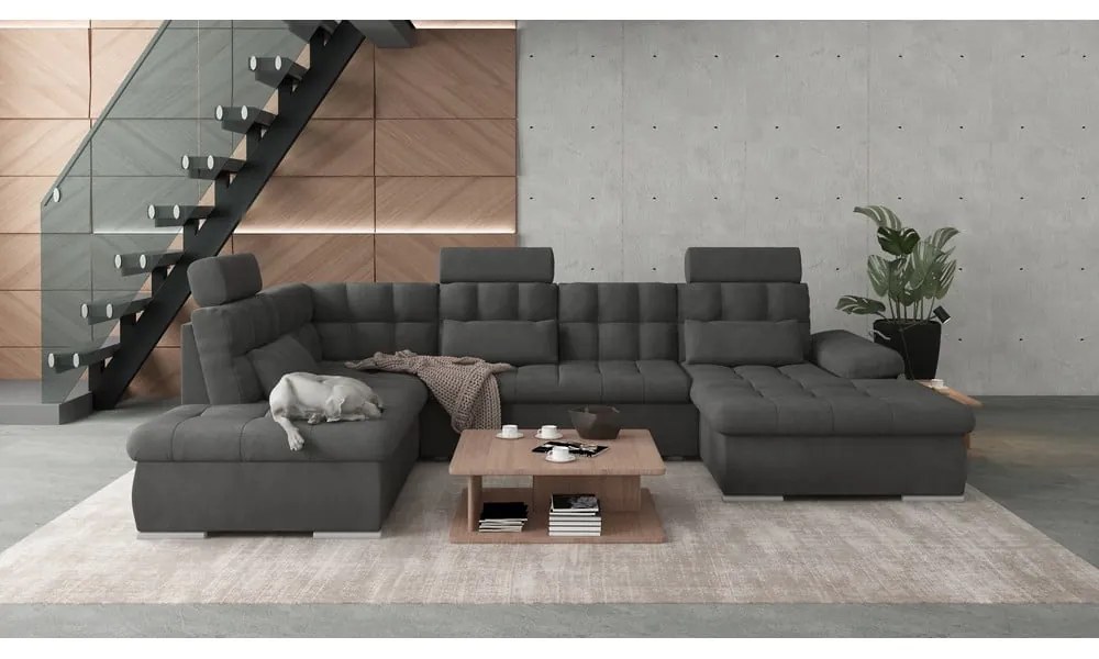 Antracitszürke kinyitható tárolóhelyes sarokkanapé (bal oldali-U alakú) Merkur – Ropez