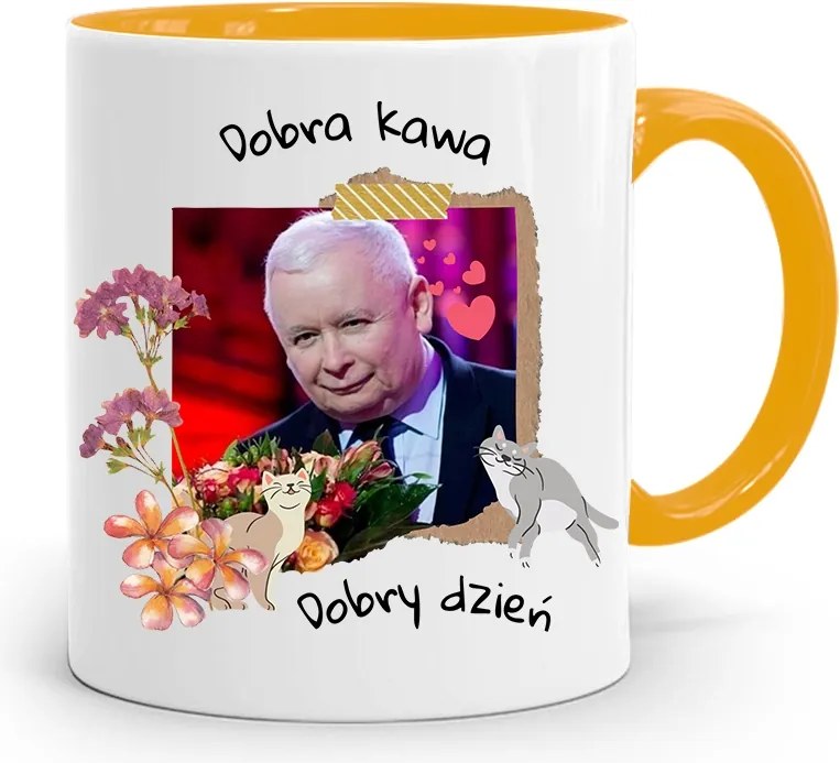 Sárga Vicces Bögre Jaroslaw Kaczynski felirattal, fényképpel