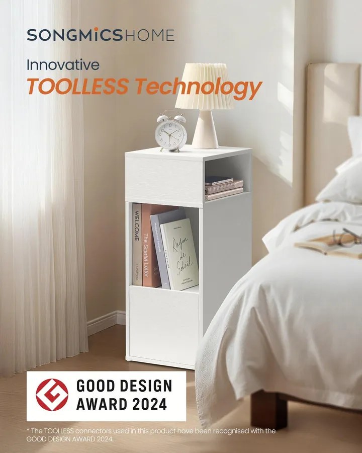 Éjjeliszekrény, gyors összeszerelés, 2 nyitott rekesz, 1 fiók, Hófehér