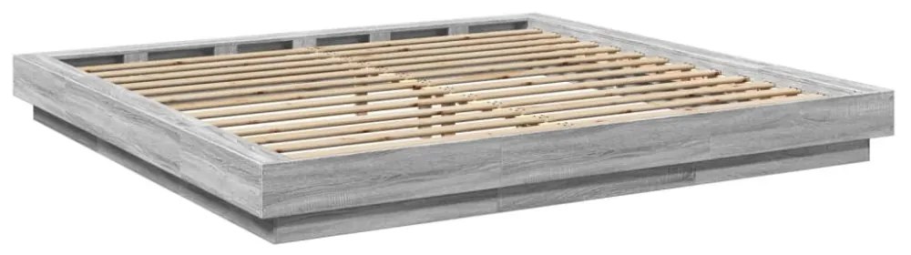 szürke sonoma színű szerelt fa ágykeret LED-del 200x200 cm