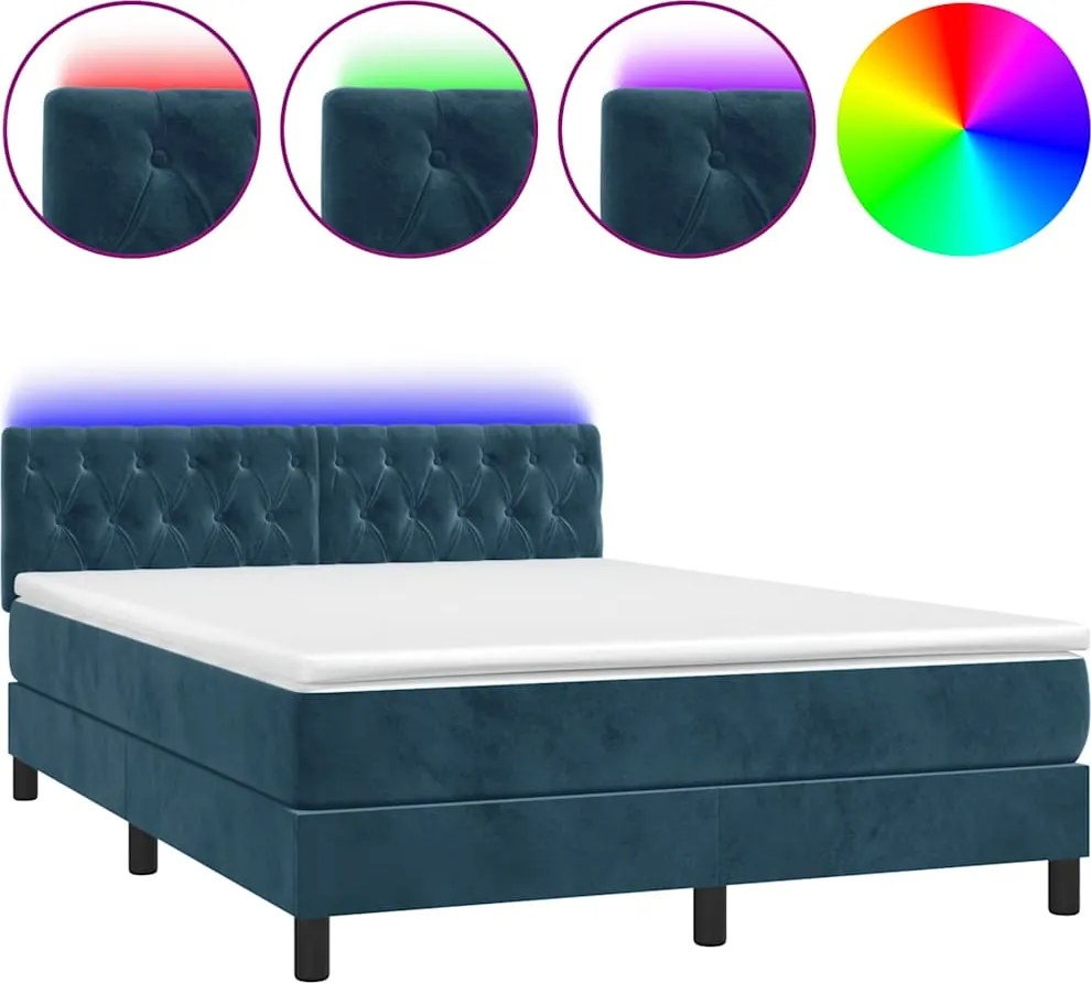 vidaXL sötétkék bársony rugós és LED-es ágy matraccal 140x190 cm