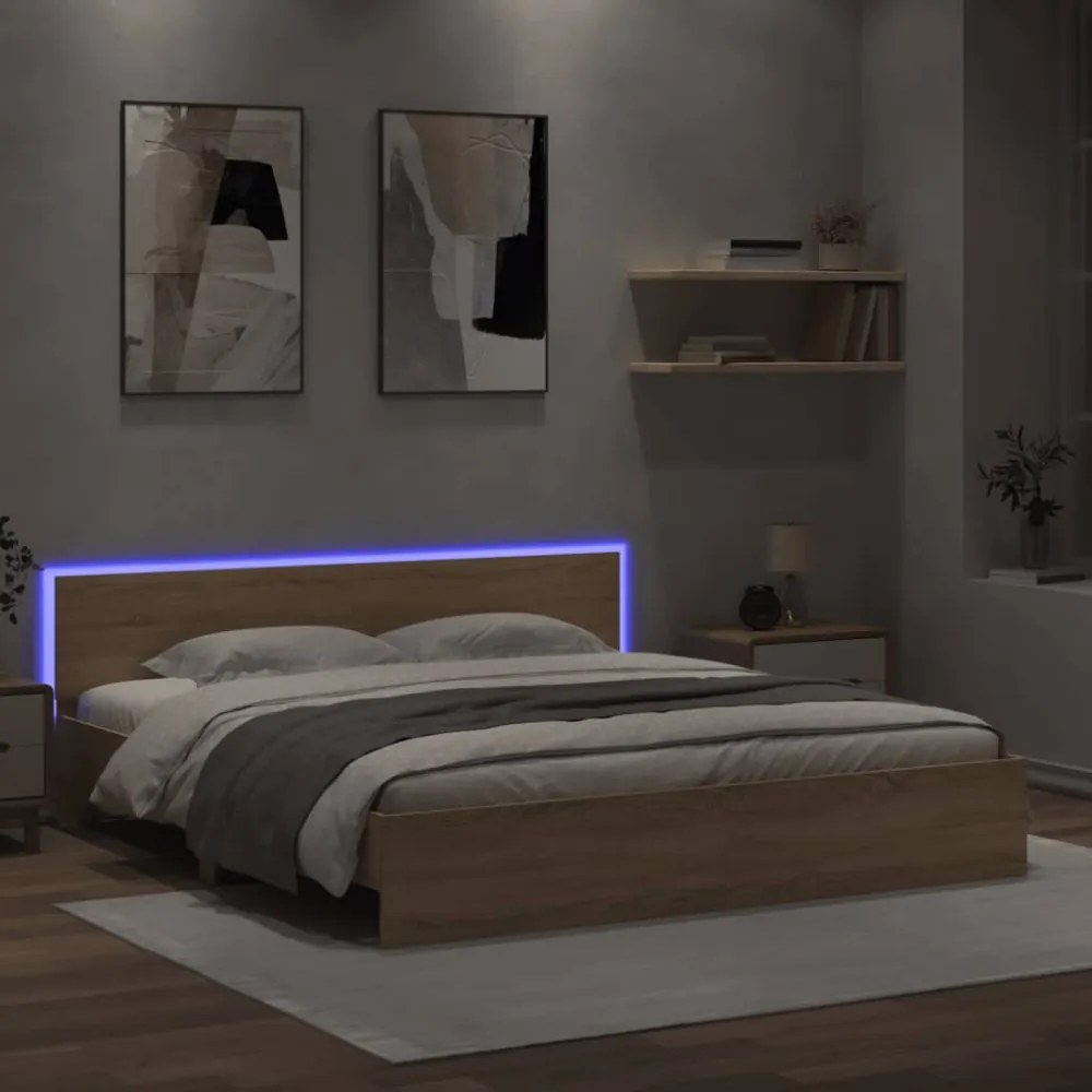 sonoma tölgy színű ágykeret fejtámlával és LED-del 200 x 200 cm