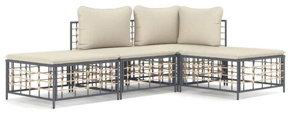 4 részes antracitszürke polyrattan kerti ülőgarnitúra párnákkal
