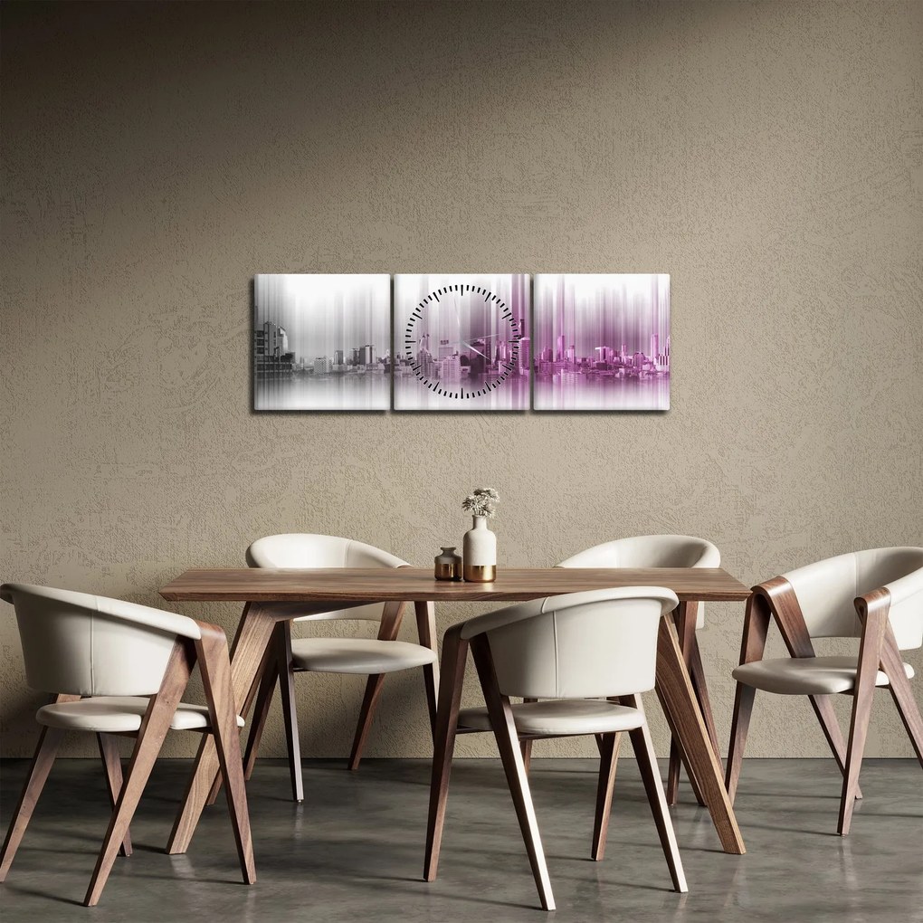 Kép - Panoráma a városra, rózsaszín-szürke (órával) (90x30 cm)