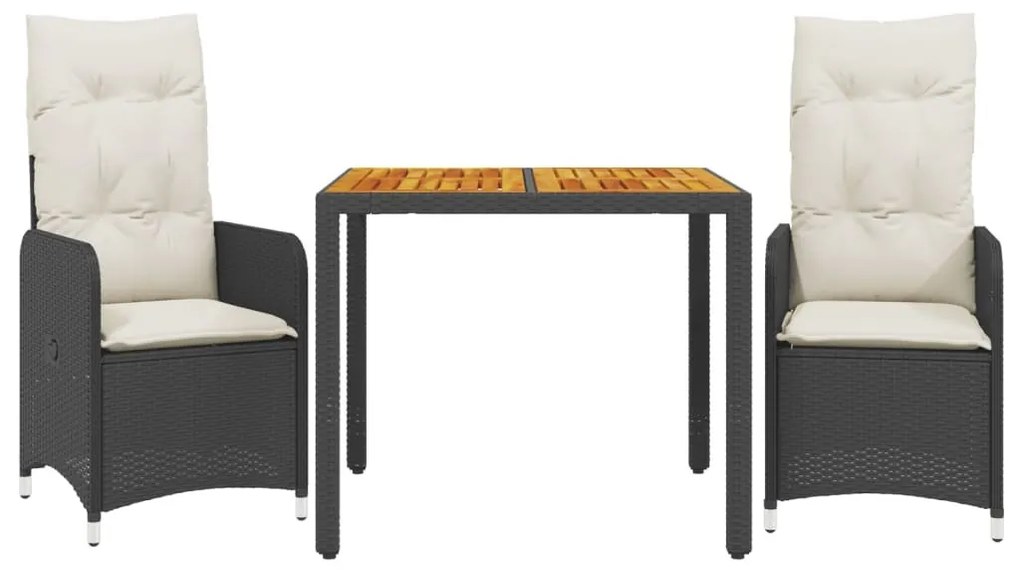 3 részes fekete polyrattan kerti bisztrógarnitúra párnákkal