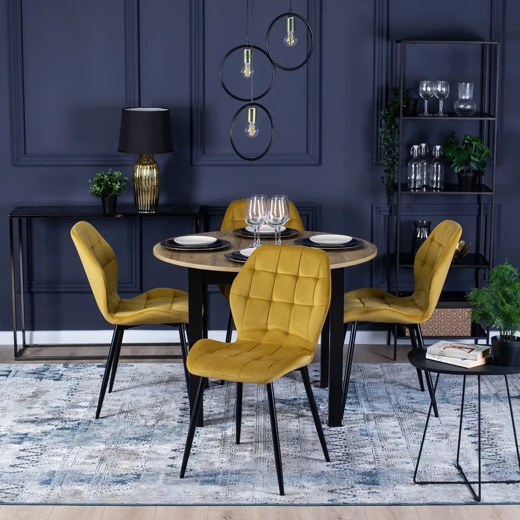 Étkezőgarnitúra: bővíthető asztal 102–142 cm Craft tölgy / fekete színkombinációban + 4 db mustársárga velúr szék – HARRY / LUCKY