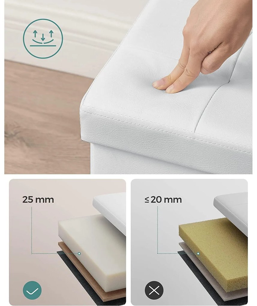 Puff, összecsukható tárolópad ottomán 80L, fehér