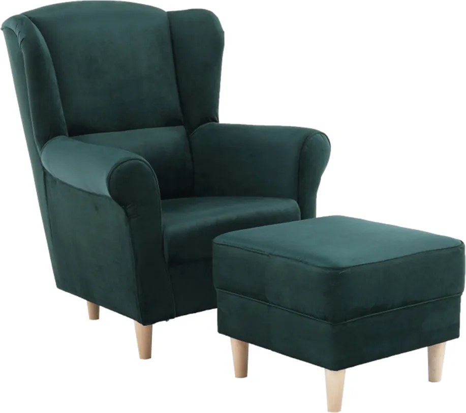 Füles fotel puffal, szövet smaragd, ASTRID