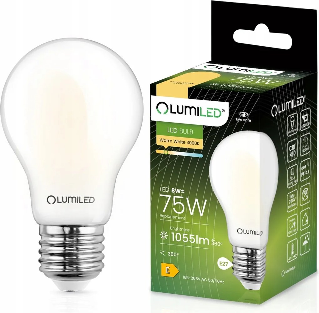 Led izzó E27 A60 8W 75W 1055lm 3000K Meleg fehér Tejfilament