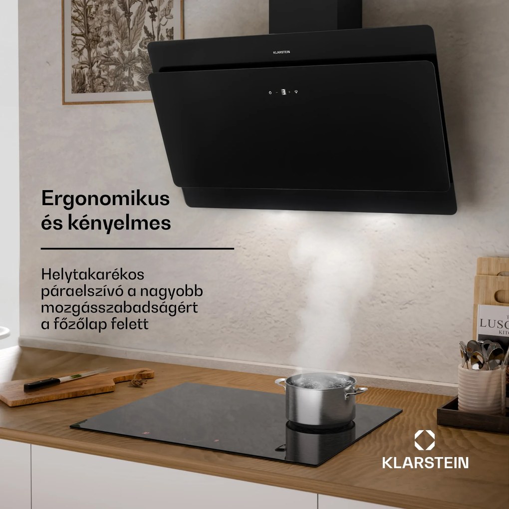 Klarstein Aurica 90, páraelszívó, 90 cm, 620 m³/ó, LED, érintőképernyős, üveg, fekete