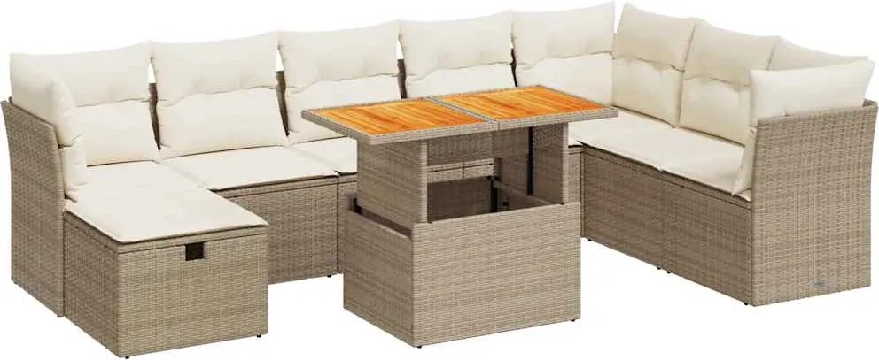 vidaXL 9 részes bézs polyrattan akácfa kerti ülőgarnitúra párnákkal