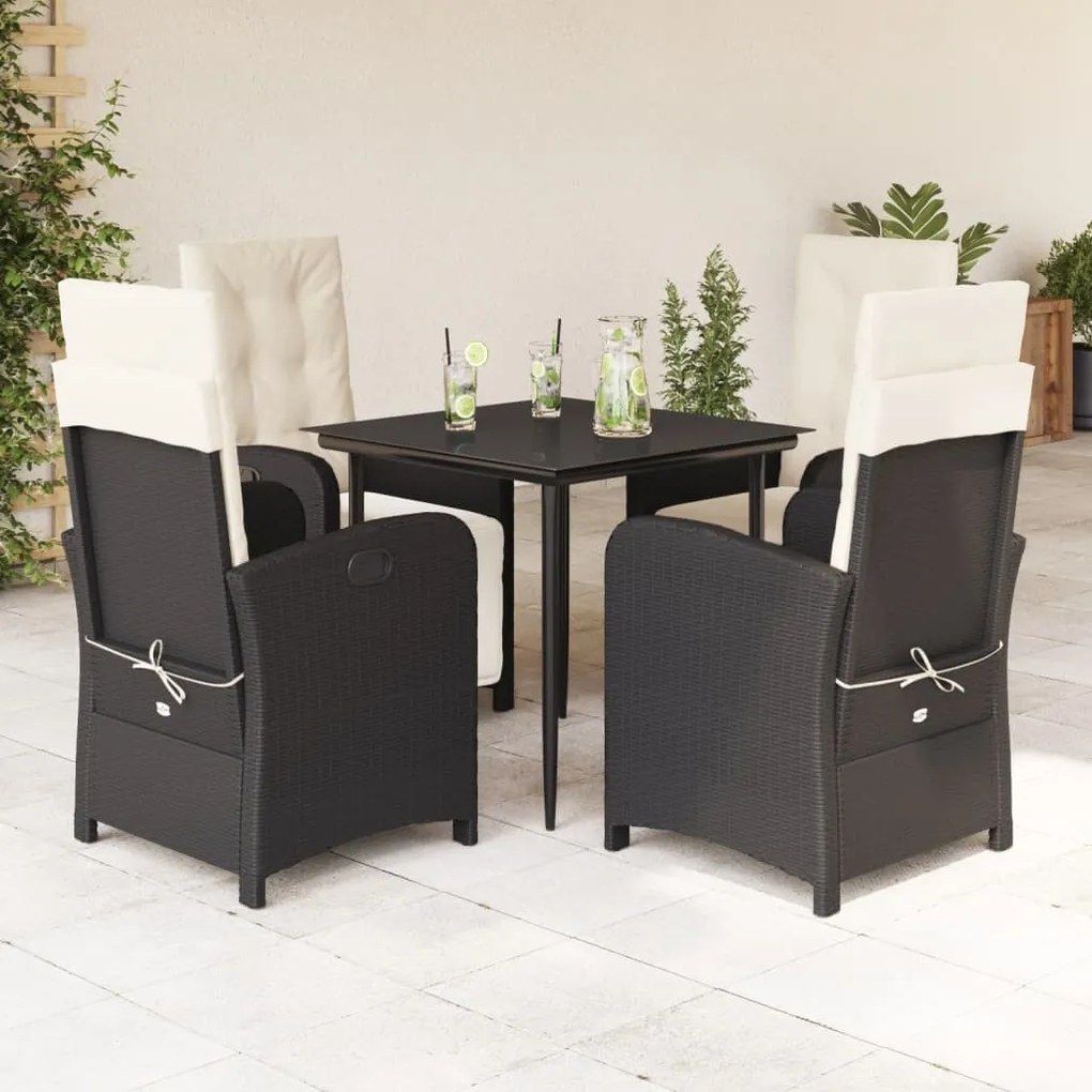 5 részes fekete polyrattan kerti étkezőgarnitúra párnákkal
