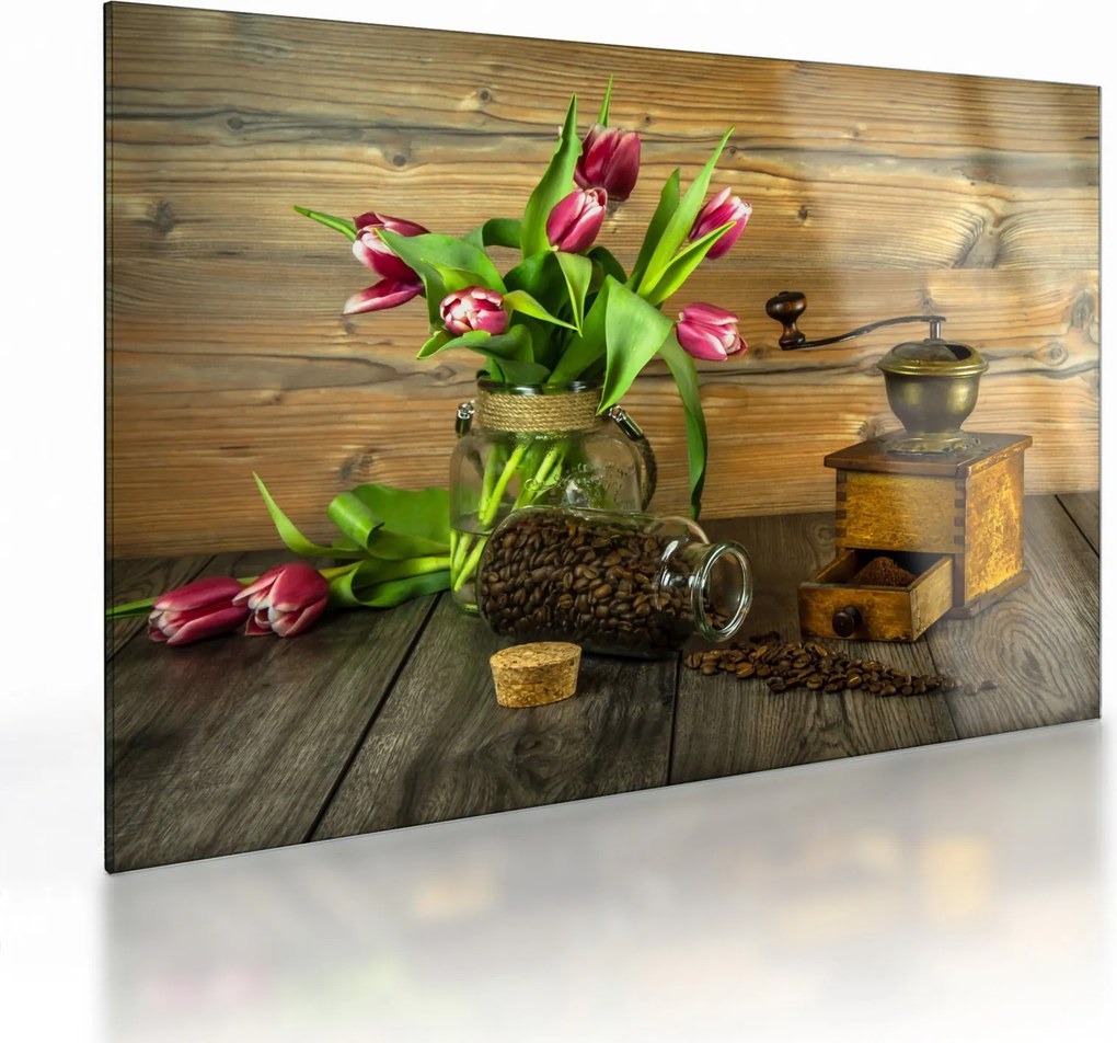 Tulipánok, daráló és kávé képe (üvegen) (70x50 cm)