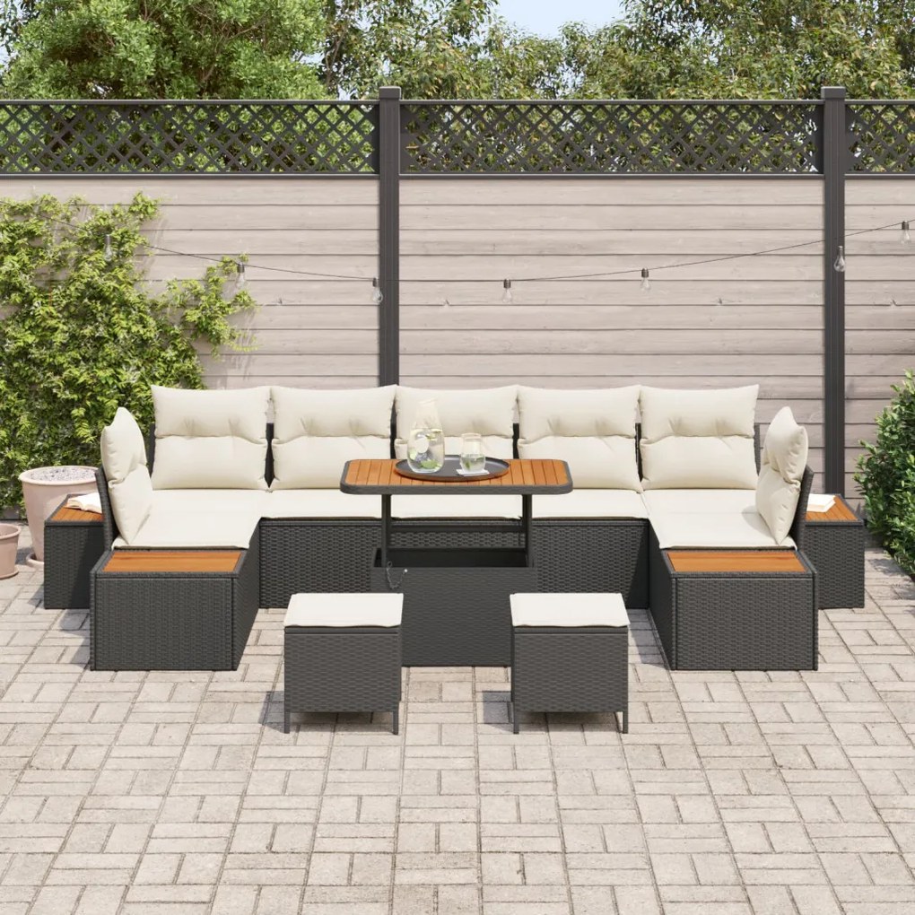 10 darabos kerti kanapé szett párnákkal Fekete Poly Rattan Akácia, 3 darabos kerti étkező szett párnákkal Fekete Poly Rattan Akácia